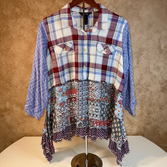 Ali Miles Patchwork Plaid Floral Oversized Boyfriend Shirt 3/4 Sleeves Sz Large - Picture 2 of 10